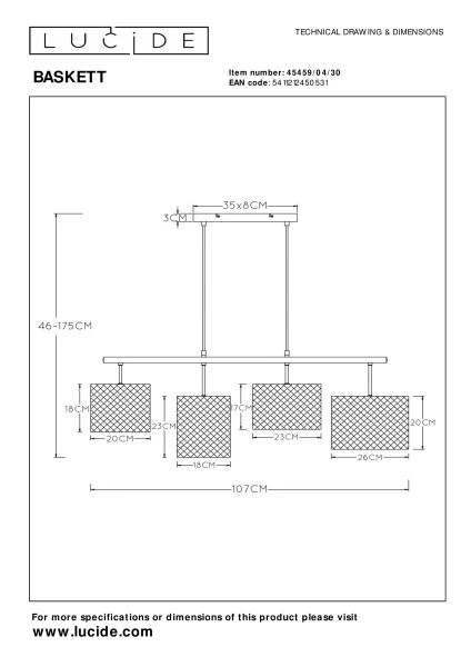 Lucide BASKETT - Hanglamp - 4xE27 - Zwart - technisch